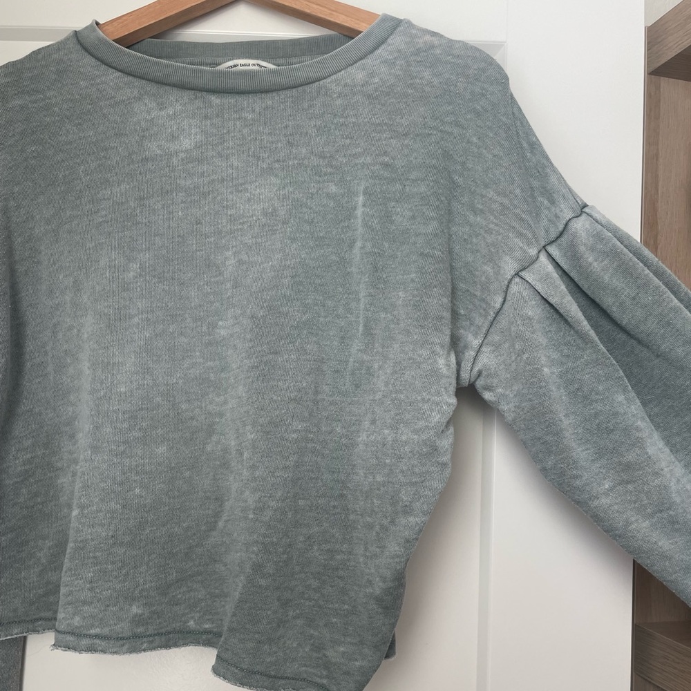 Grey Green Puff Sleeve Sweatshirt